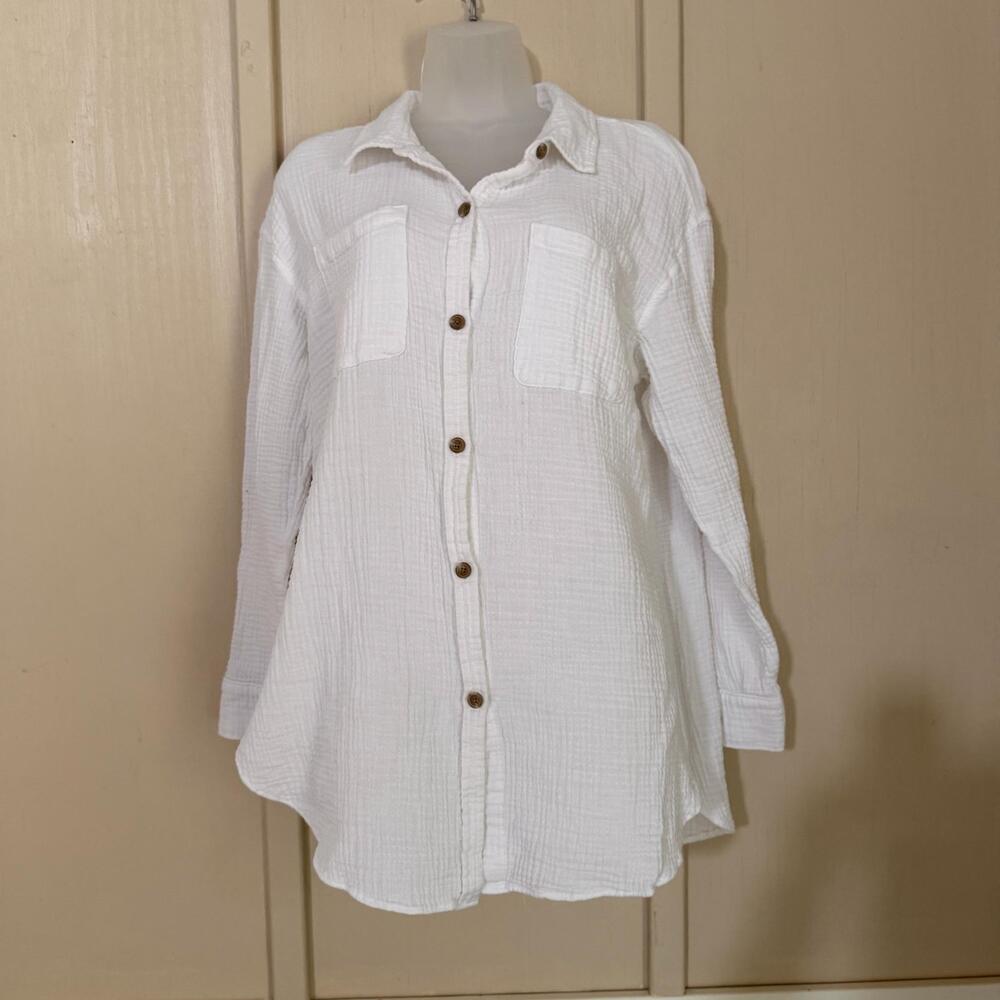 CALIA Button Up Shirt Womens Large White Gauze Cotton Collared Tunic Top
